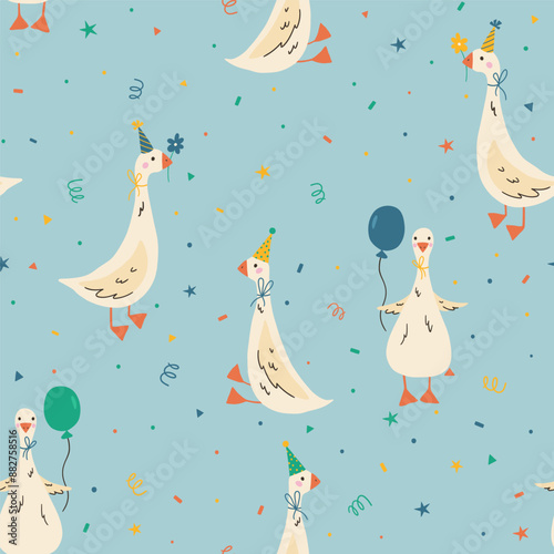 Birthday party background with funny geese. Seamless funny pattern with goose with birthday cap. Hand draw cute duck in doodle style. For textiles, clothing, bed linen, office supplies.