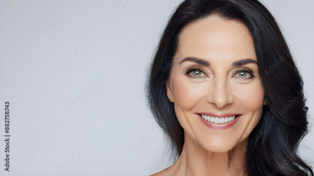 portrait of beautiful middle aged woman smiling at camera isolated on grey portrait of beautiful middle aged woman smiling at camera isolated on grey