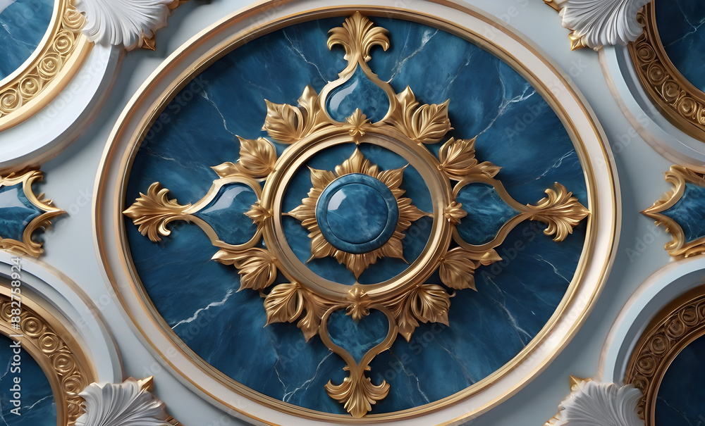 Obraz premium Blue marble wall with golden ornament.