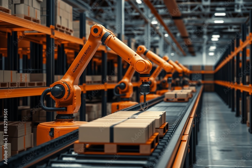 Automated robot arms working on a conveyor belt in a large warehouse interior robotics concept Automated robot arms working on a conveyor belt in a large warehouse interior robotics concept