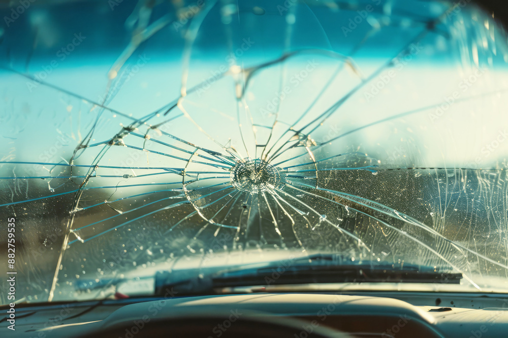 View from inside car with cracked windshield against blurred street background. Damaged vehicle in road traffic accident. Concept of insurance of life and property against road accidents