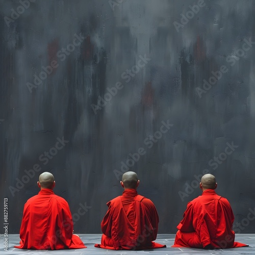 Three enigmatic red robed figures in a minimalist  contemplative scene representing the essence of monastic tradition and spiritual introspection photo