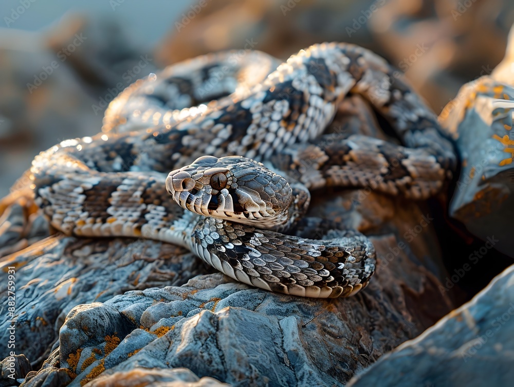 Cautious Snake Coiled in Defensive Spiral on Rocky Outcrop Cautious Snake Coiled in Defensive Spiral on Rocky Outcrop