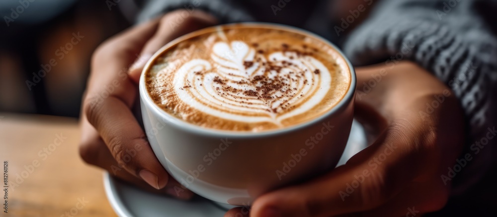 Close-Up of Hands Holding a Cup of Cappuccino
