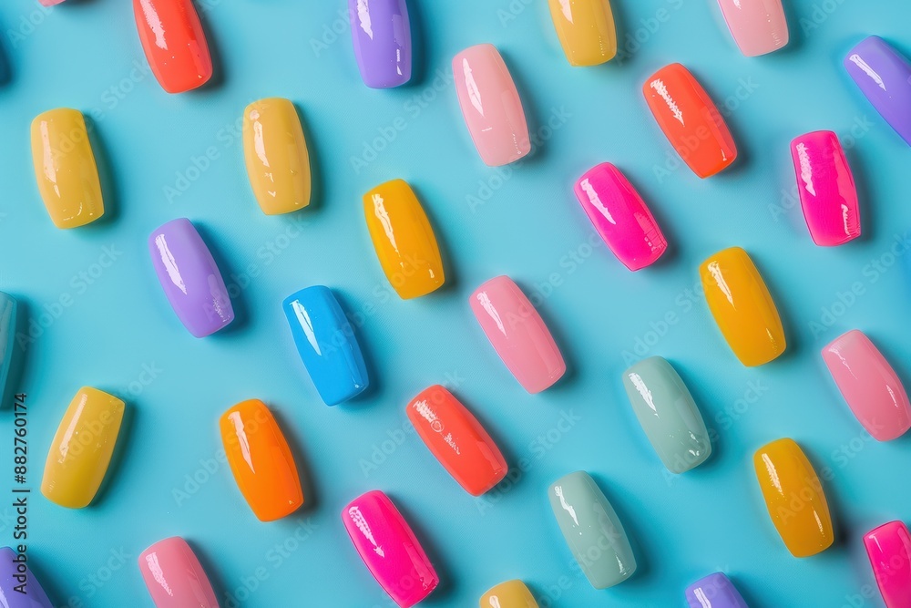 A row of colorful nail polish bottles with different shades of blue, pink