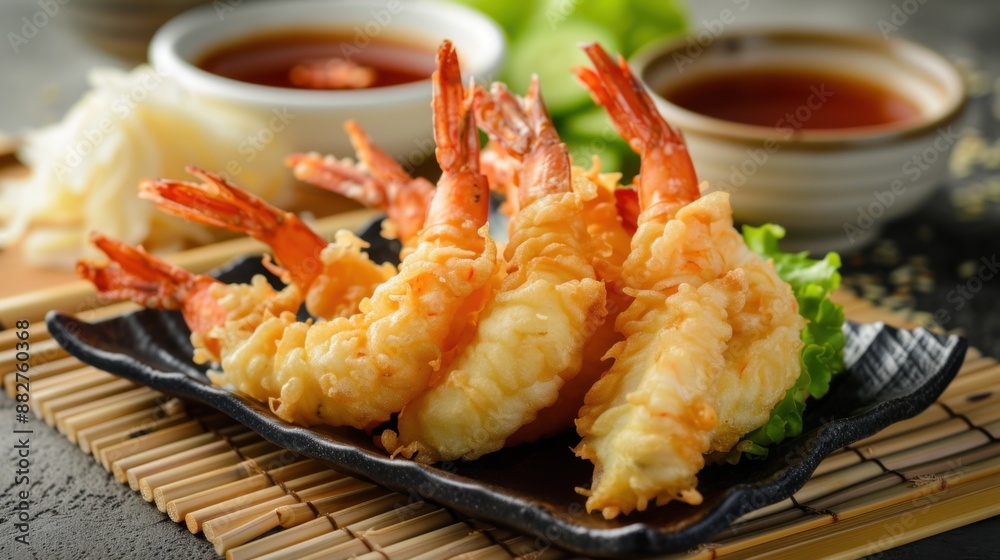 Close-up of delicious, golden-brown shrimp tempura served with dipping sauce and presented on a black plate with garnishes. Close-up of delicious, golden-brown shrimp tempura served with dipping sauce and presented on a black plate with garnishes.