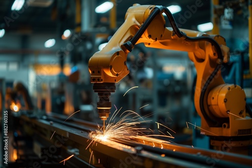 Robotic arm welding on assembly line in factory with sparks flying automation concept