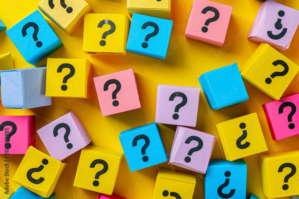 Scattered question marks with space for answers through self education analysis curiosity and reasoning to achieve clarity Scattered question marks with space for answers through self education analysis curiosity and reasoning to achieve clarity
