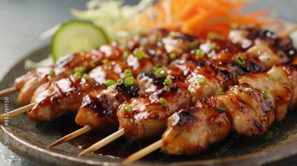 Delicious grilled chicken skewers glazed with a savory sauce, garnished with green onions, served with fresh vegetables on a plate.