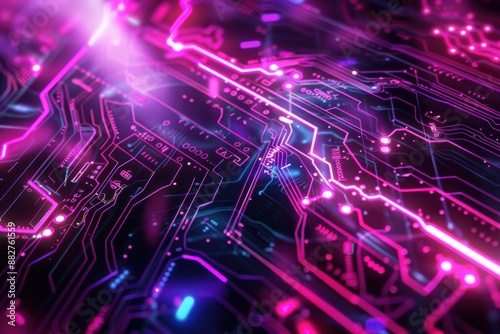 Abstract technology background with a blend of circuit patterns and neon lights