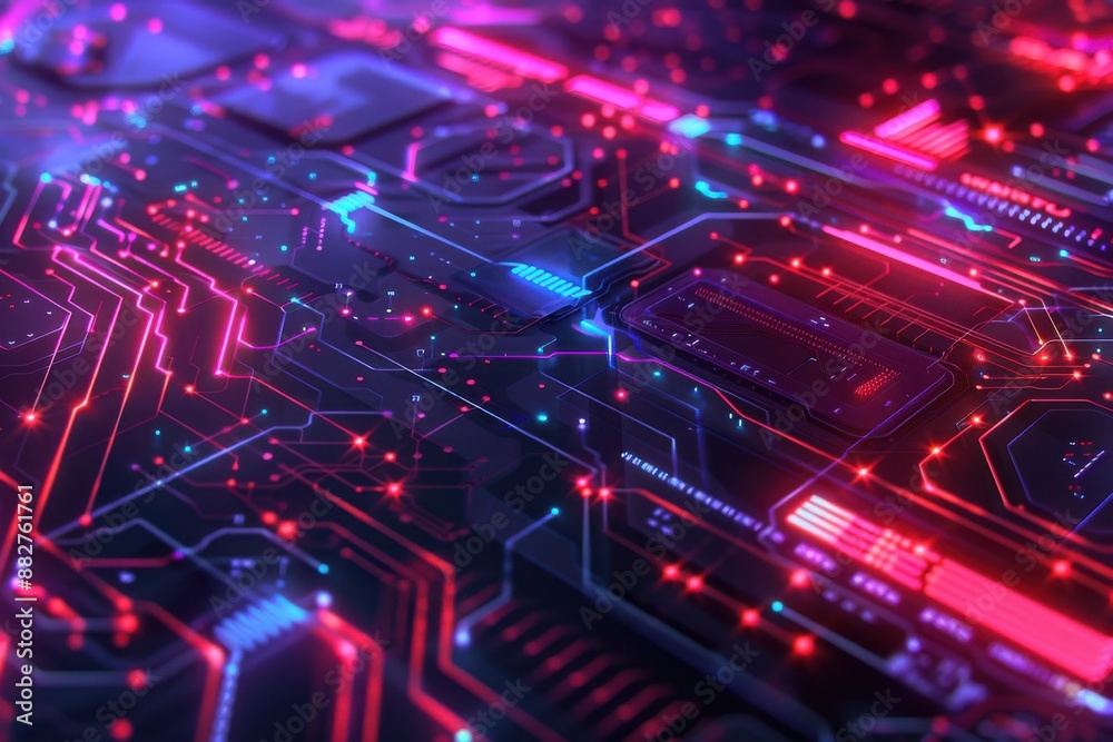 Abstract technology background with a blend of circuit patterns and neon lights