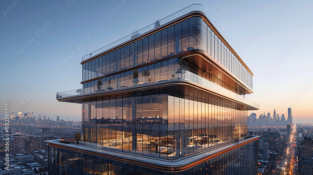 Modern glass building with sleek, rounded edges. Multiple floors with large windows overlook a bustling cityscape at sunset. The design emphasizes transparency and openness
