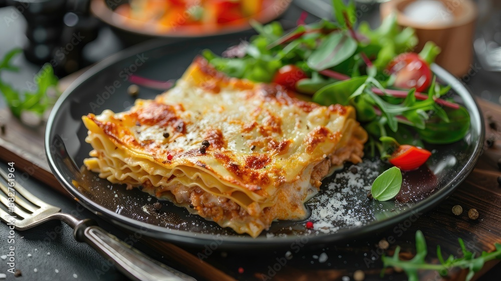 A delicious lasagna with a side salad of greens and tomatoes. A delicious lasagna with a side salad of greens and tomatoes.