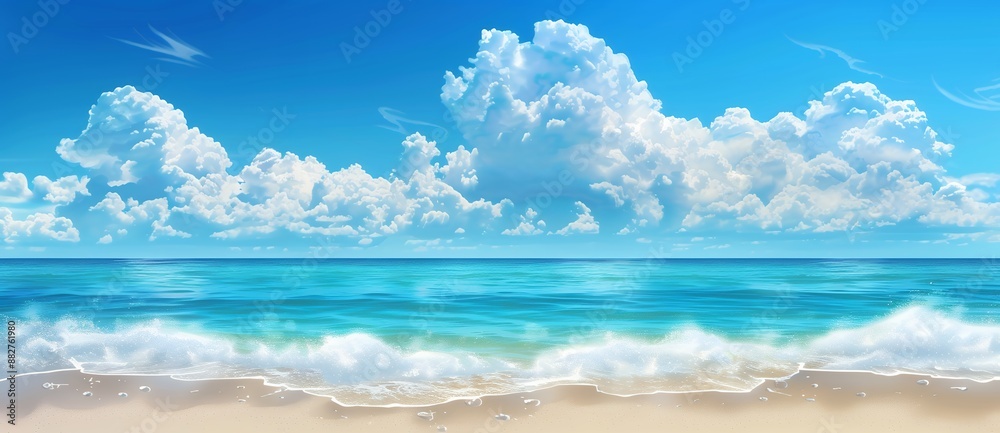 Obraz premium Beautiful seascape with a blue sky and white clouds, turquoise sea water and a sandy beach. A beautiful summer background of a tropical island beach. A banner design for vacation travel advertising in