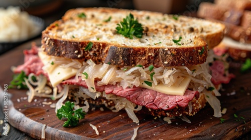 A delicious Reuben sandwich with corned beef, sauerkraut, Swiss cheese, and Russian dressing on rye bread.