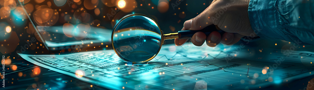 Auditor Examining Spreadsheet with Magnifying Glass on Dreamy Background for Financial Review Business Auditing Concept Auditor Examining Spreadsheet with Magnifying Glass on Dreamy Background for Financial Review Business Auditing Concept