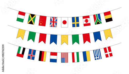 世界各国の国旗バナーと、カラフルなガーランドのイラストセット。主線ありの連なった国際旗。