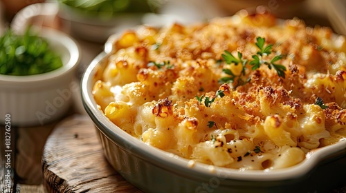 Creamy and delicious baked mac and cheese with a crispy golden crust. photo