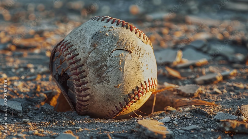 Worn baseball in dirt. Closeup of an old baseball lying in dirt and debris. Worn baseball in dirt. Closeup of an old baseball lying in dirt and debris.