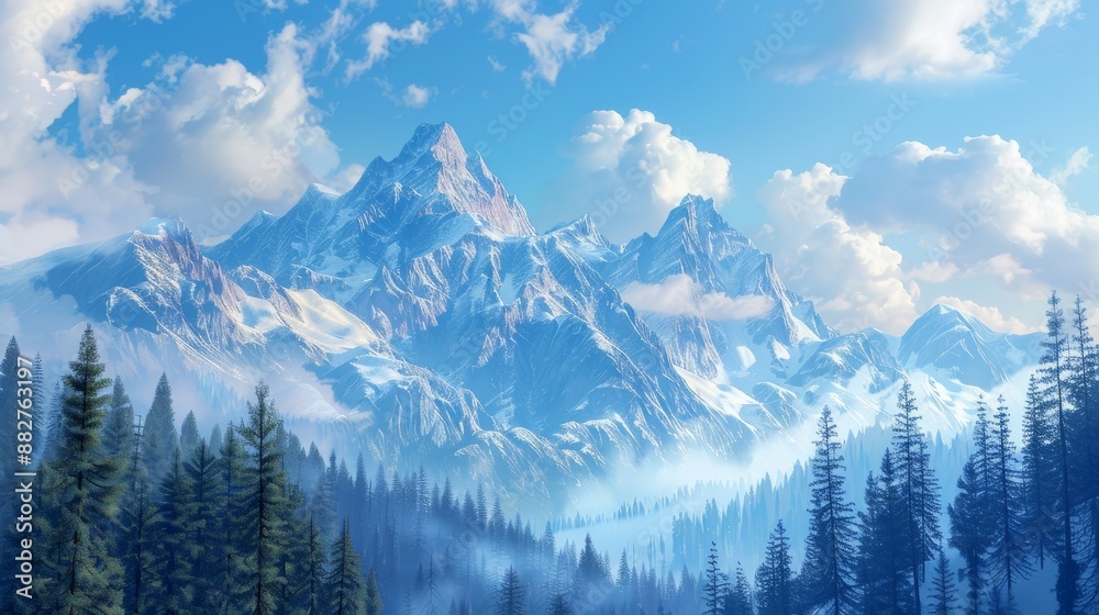 Majestic mountain range with snowy peaks. Scenic vista of a towering mountain range with snow-capped peaks under a bright blue sky. Majestic mountain range with snowy peaks. Scenic vista of a towering mountain range with snow-capped peaks under a bright blue sky.