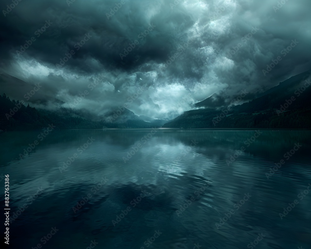 Fototapeta premium Ominous Clouds Casting Sombre Reflection Over Tranquil Lake