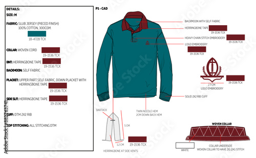 mens rugby polo shirt tech pack fashion illustration flat sketch vector.
