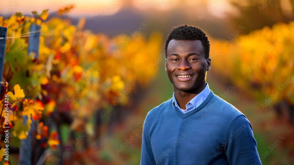 Young African man, dressed in blue casual clothing, stands in his vineyard. Copy space. Young African man, dressed in blue casual clothing, stands in his vineyard. Copy space.