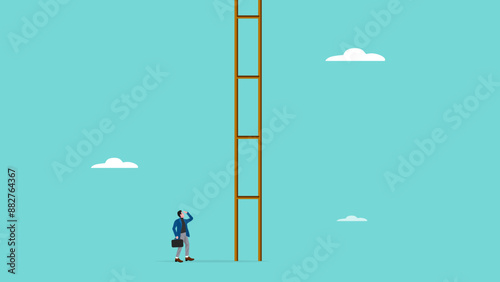 difficult step to take in business success with confused businessman thinking about climbing stairs with steps that are too far apart, taking too big a step concept illustration