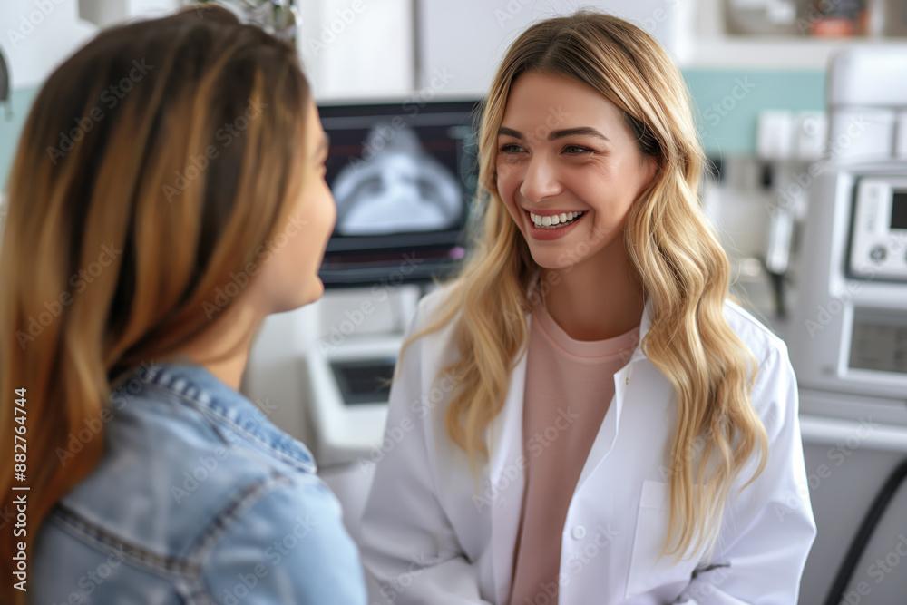 Doctor speaking with female patient in clinic exam room medical consultation concept