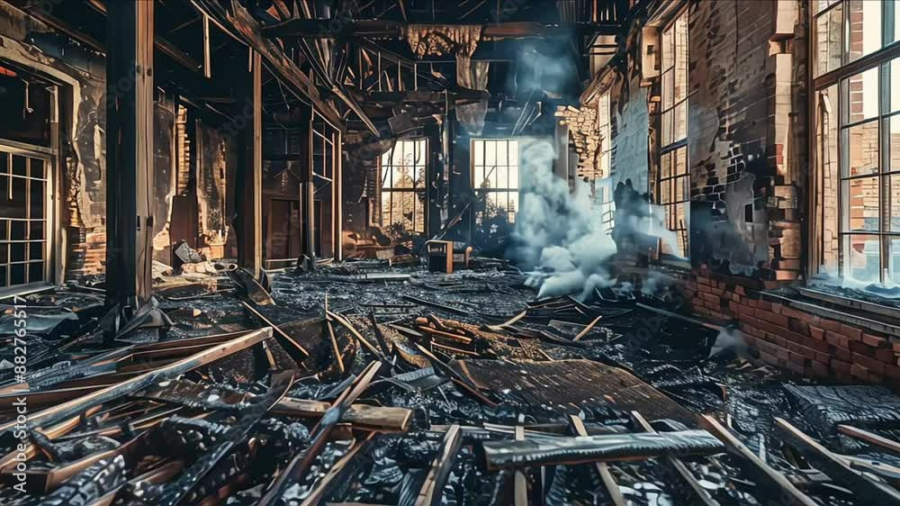 Burnt room interior with walls, furniture and floor in ash and coal, ruined building after fire