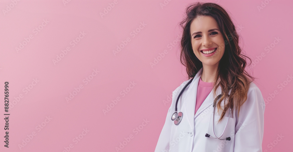 Smiling female doctor in white coat with stethoscope on pink background, medical professional concept Smiling female doctor in white coat with stethoscope on pink background, medical professional concept