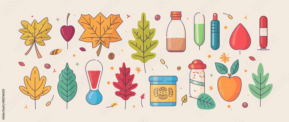 A collection of hand-drawn autumn leaves, fruits, and potion bottles. Perfect for fall-themed designs. A collection of hand-drawn autumn leaves, fruits, and potion bottles. Perfect for fall-themed designs.
