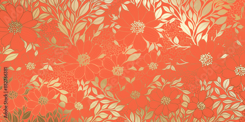 Pattern of Golden Metallic Foiled Contour Flowers and Leaves on Orange Red Background. Luxurious Art Deco Wallpaper Design for Print, Poster, Cover, Banner, Invitation, Package, Beauty Products.