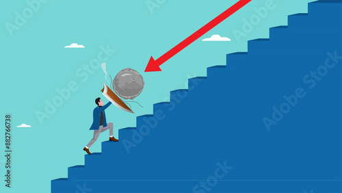 bankruptcy management, overcome business failure or investment risk, Efforts to save businesses from bankruptcy, businessman use protective shield to withstand the blow of boulder from declining graph