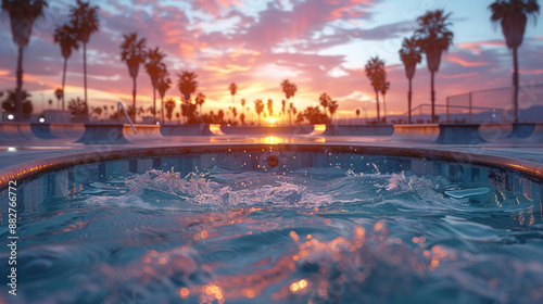 Fototapeta Naklejka Na Ścianę i Meble -  A skate park during a vibrant sunset with warm hues reflected in the water, palm trees silhouetted against the sky, creating a tranquil yet dynamic view