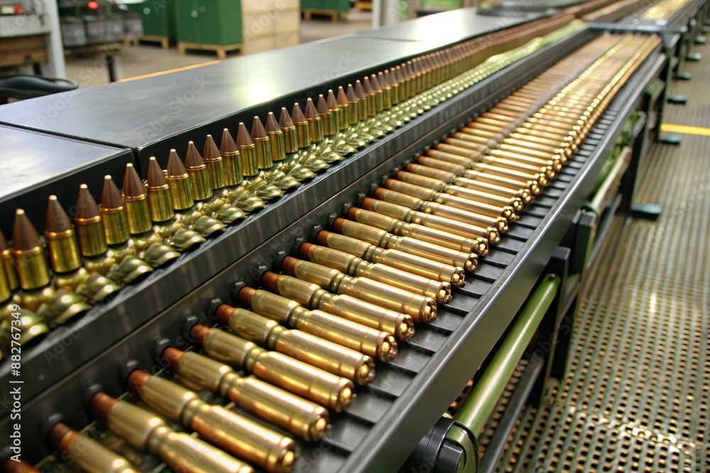 Fototapeta premium bullet ammunition shell on production line conveyor belt. Firearm industry