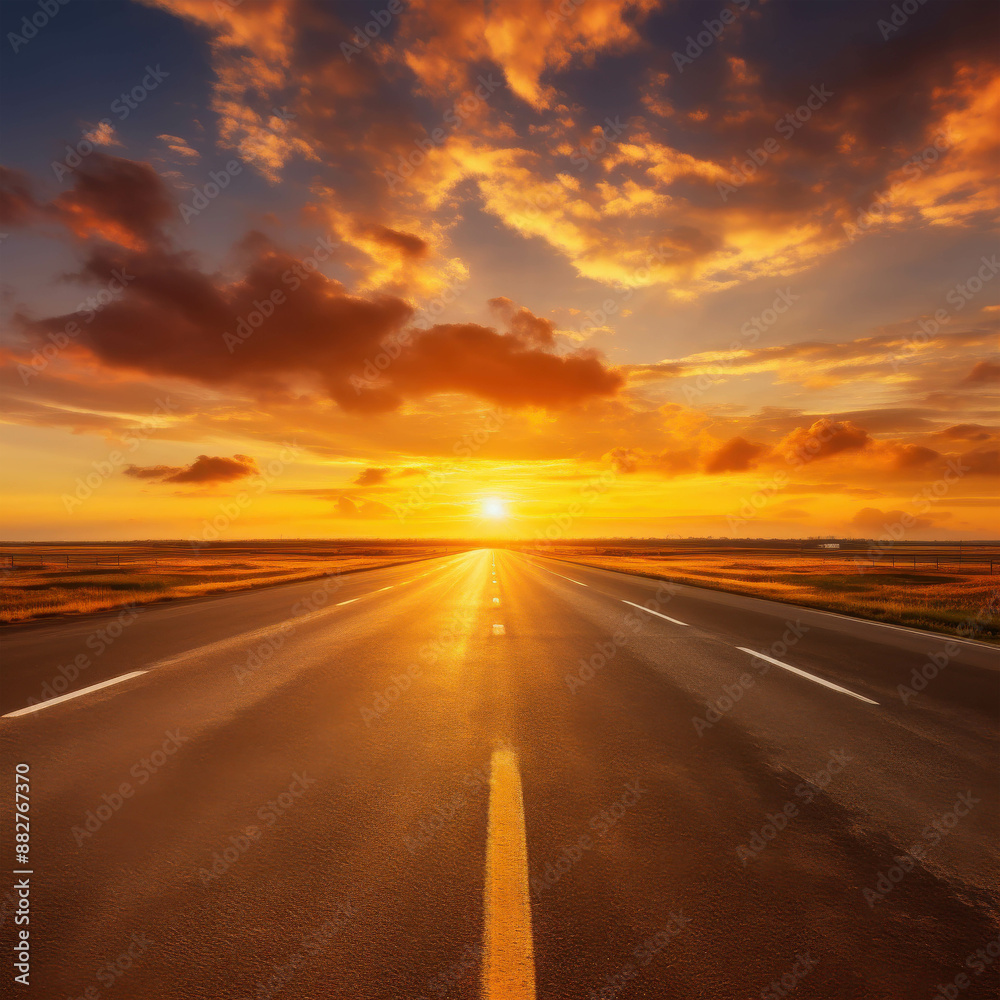 Endless Open Road Stretching Towards the Distant Horizon Under a Magnificent Golden Sunset Sky with Dramatic Clouds Endless Open Road Stretching Towards the Distant Horizon Under a Magnificent Golden Sunset Sky with Dramatic Clouds