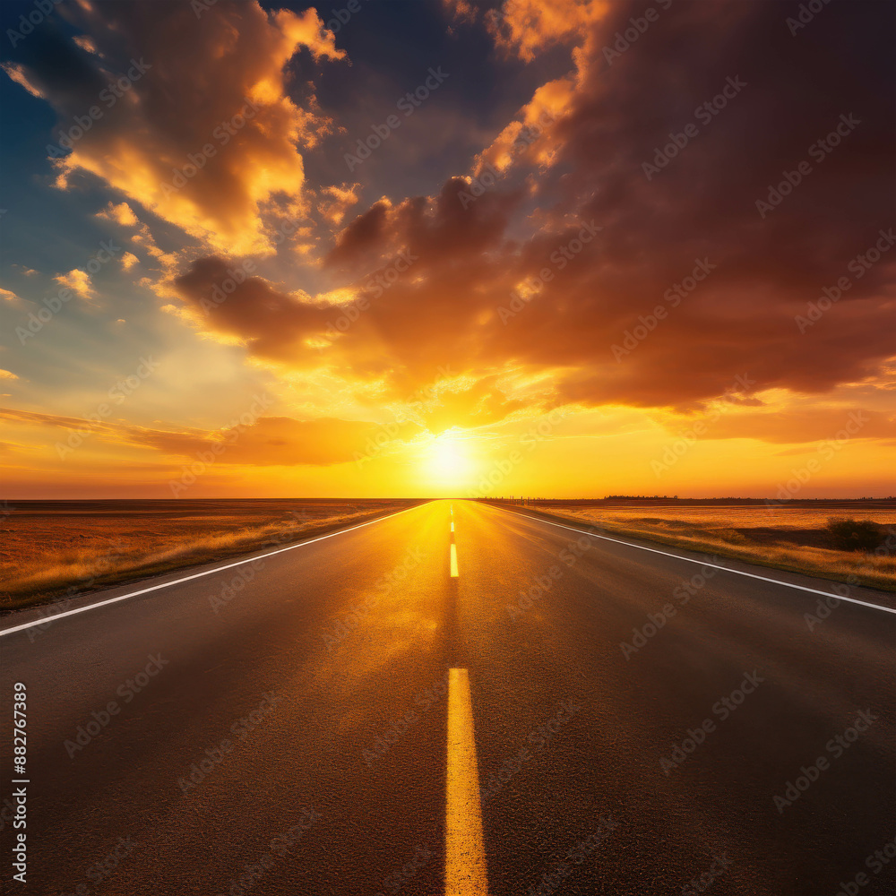 Naklejka premium Endless Open Road Stretching Towards the Distant Horizon Under a Magnificent Golden Sunset Sky with Dramatic Clouds