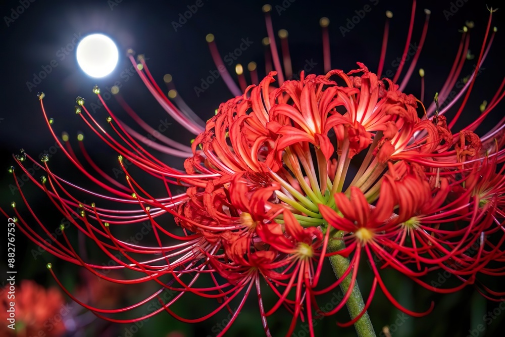 red spider lily flower closeup in moon night red spider lily flower closeup in moon night