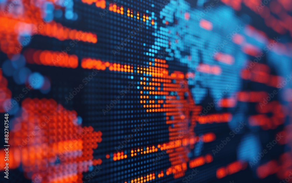 Abstract digital world map with red and blue lights representing global ...