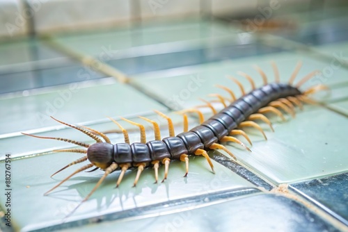 big centipede crawl on tile floor in house