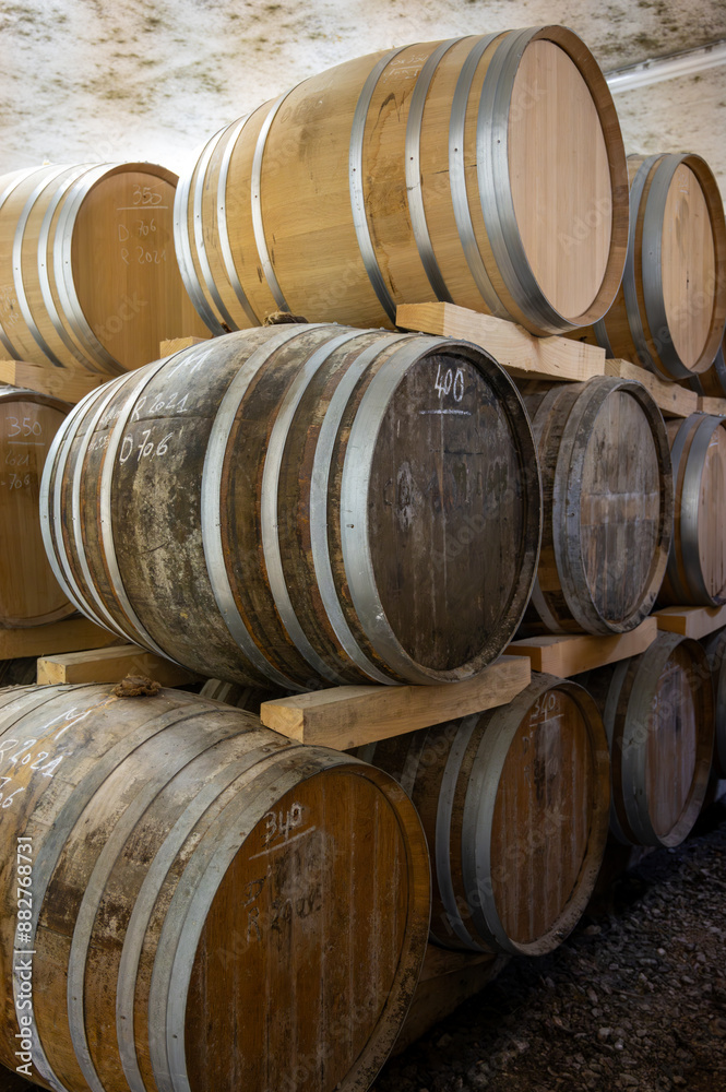 Aging process of cognac spirit in old dark French oak barrels in cellar in distillery house, Cognac white wine region, Charente, Segonzac, Grand Champagne, France Aging process of cognac spirit in old dark French oak barrels in cellar in distillery house, Cognac white wine region, Charente, Segonzac, Grand Champagne, France