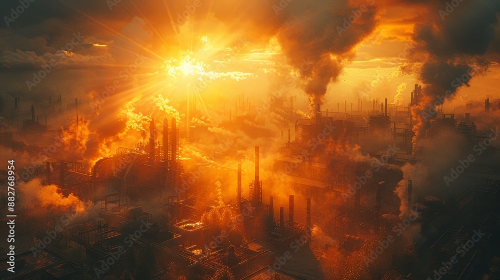 Industrial sunset scene with pollution - generative ai Industrial sunset scene with pollution - generative ai