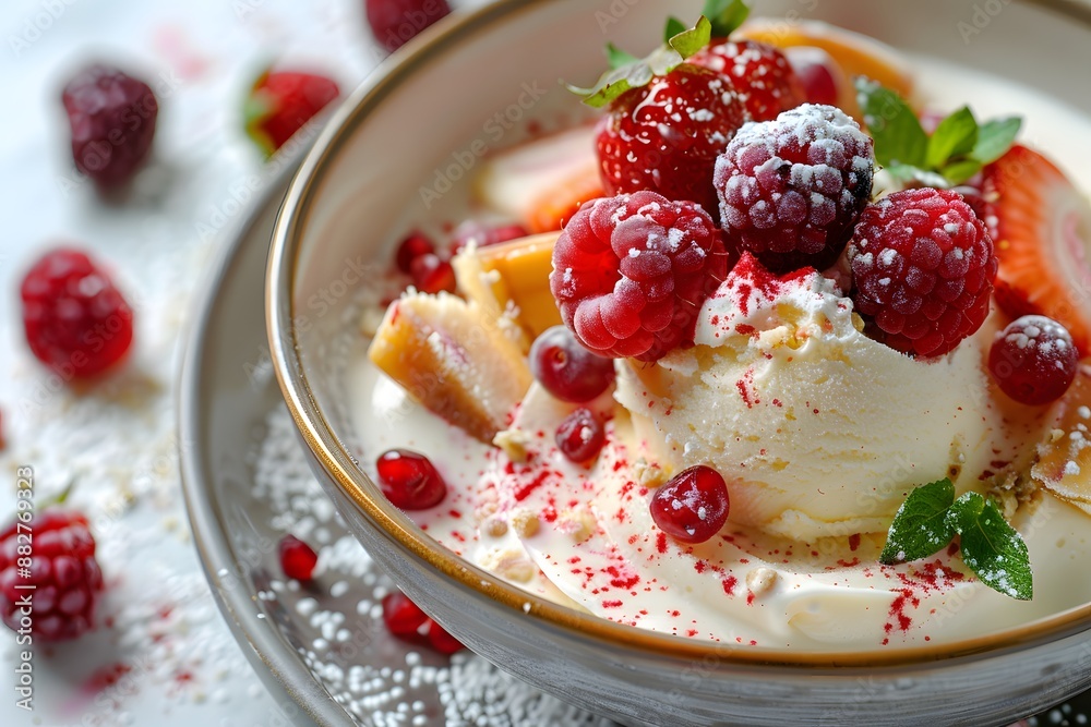 Delicious Vanilla Ice Cream Topped with Fresh Berries and Mint Delicious Vanilla Ice Cream Topped with Fresh Berries and Mint