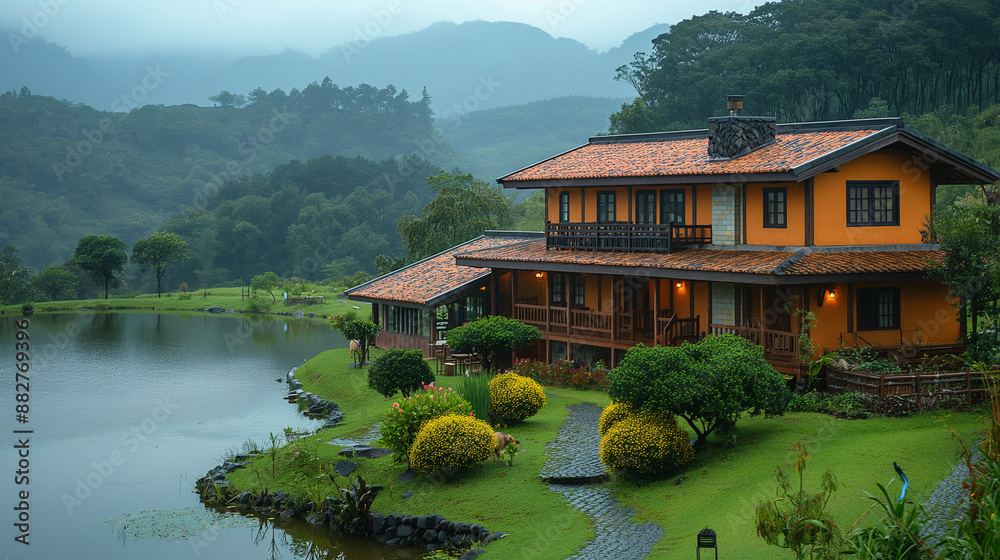 Naklejka premium A picturesque environmentally friendly farm on a hillside. Background Rolling hillside leading to a serene lake, surrounded by lush green trees.