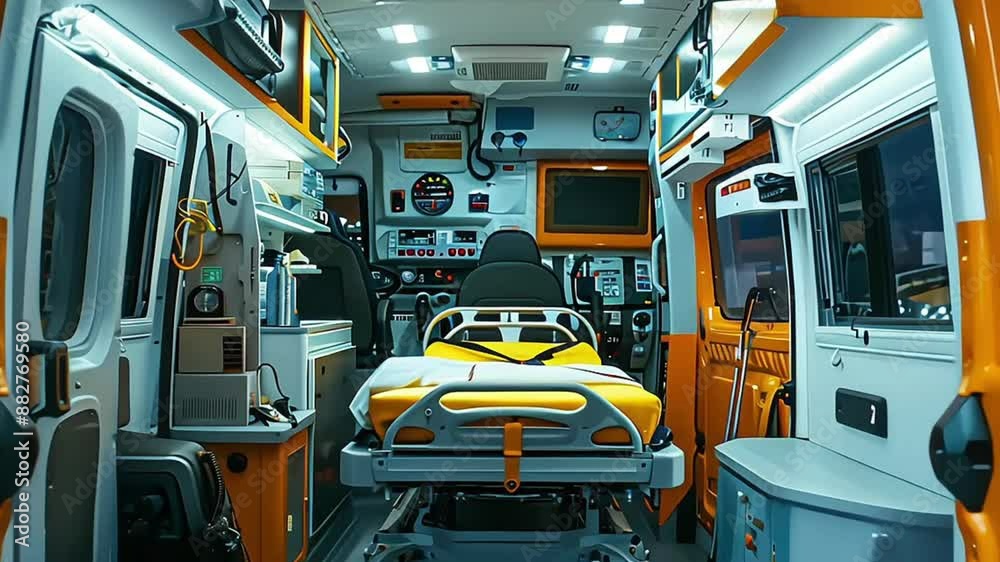 Ambulance interior, medical equipment ready, indirect light, close up, sense of urgency Ambulance interior, medical equipment ready, indirect light, close up, sense of urgency