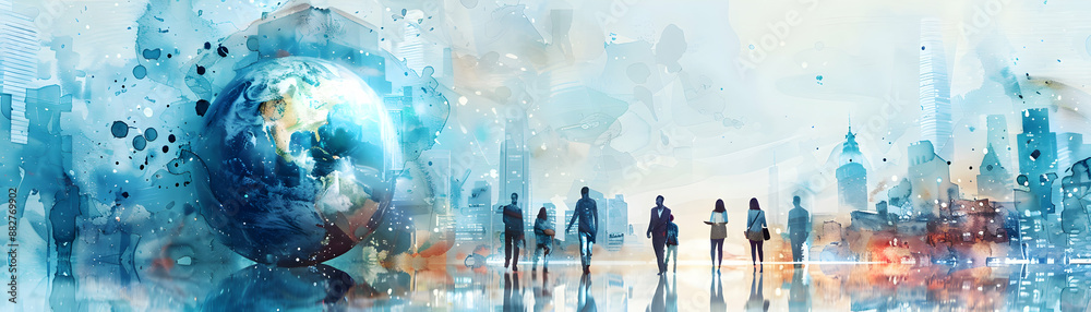 Fototapeta premium Photo Realistic People Analyzing Watercolor Earth Climate Change Charts on Whimsical Background Creative Innovation Environmental Awareness Concept