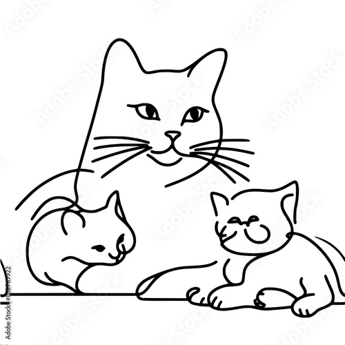 simple outline one-line vector drawing of a sitting cat affectionately hugging her kittens, in a simple and stylized way, drawn with one black line on a white background