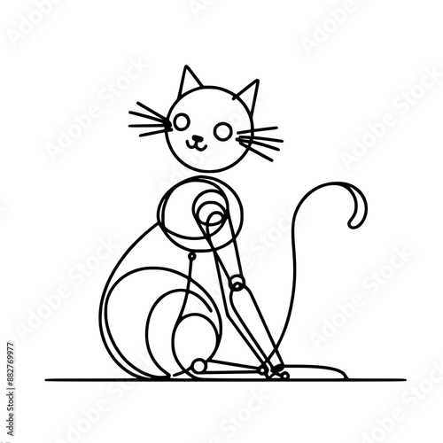 simple contour one line vector drawing of a sitting funny cat robot looking sideways drawn with one black line on a white background