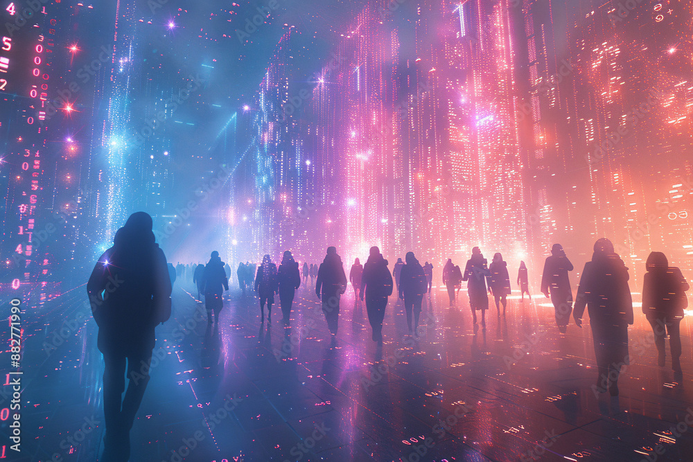 A futuristic digital scene with silhouetted figures walking amidst a vibrant neon-lit environment, evoking a sense of mystery and advanced technology A futuristic digital scene with silhouetted figures walking amidst a vibrant neon-lit environment, evoking a sense of mystery and advanced technology
